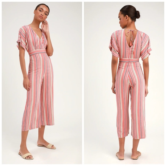 NWOT |•LULUS•| Vacation Bae Rusty Rose Striped Short Sleeve Jumpsuit Size Small - Picture 2 of 12